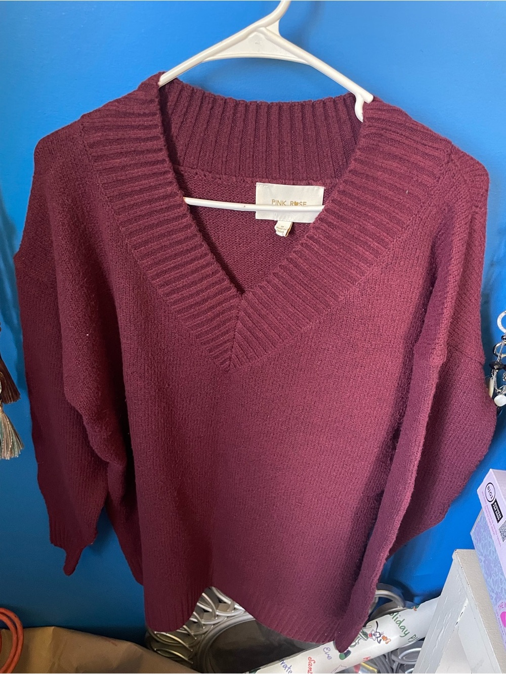 Pink Rose V-Neck Pullover Sweater in Burgundy